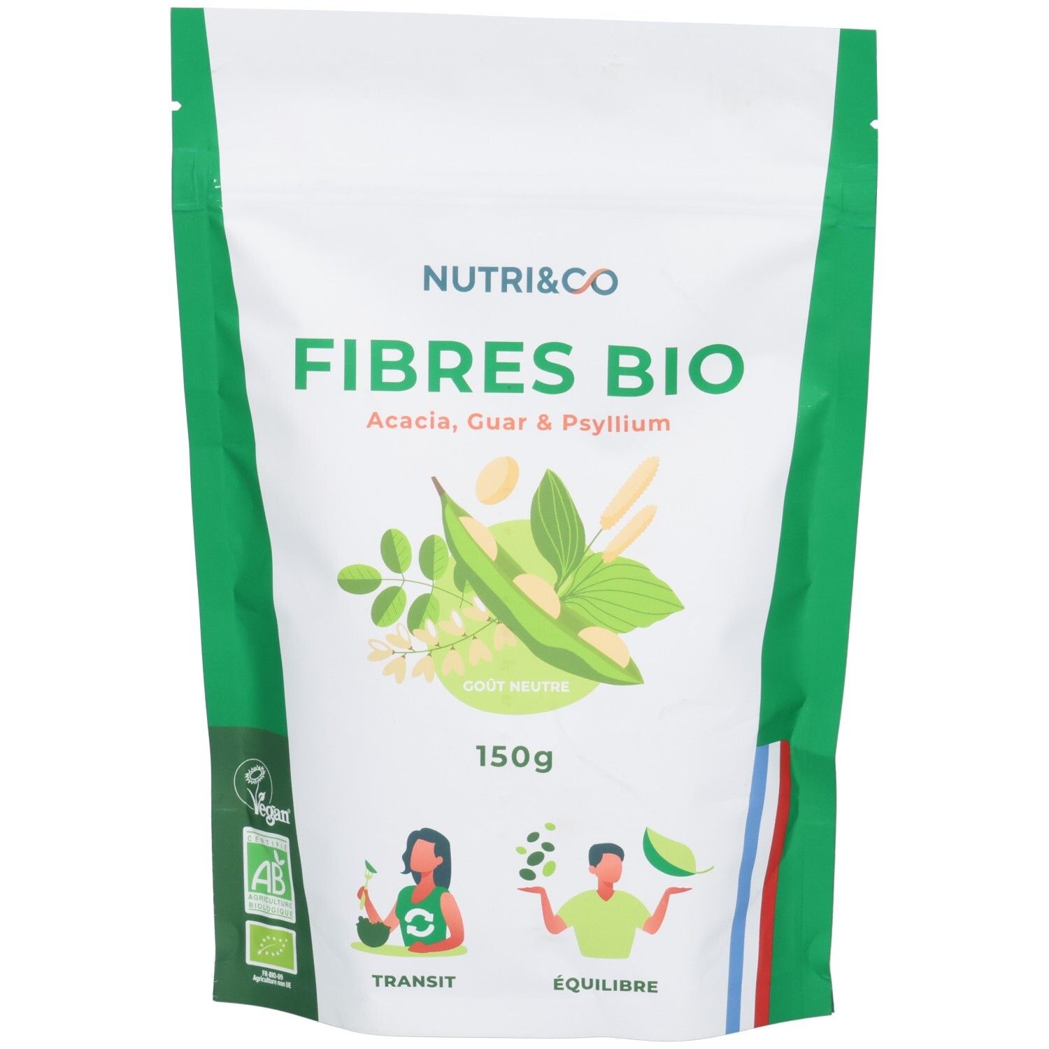 Beutel mit "Nutri&Co Fibres Bio". Grün-weiß, mit Illustrationen von Pflanzen und Personen. Text: "Fibres Bio", "150g".