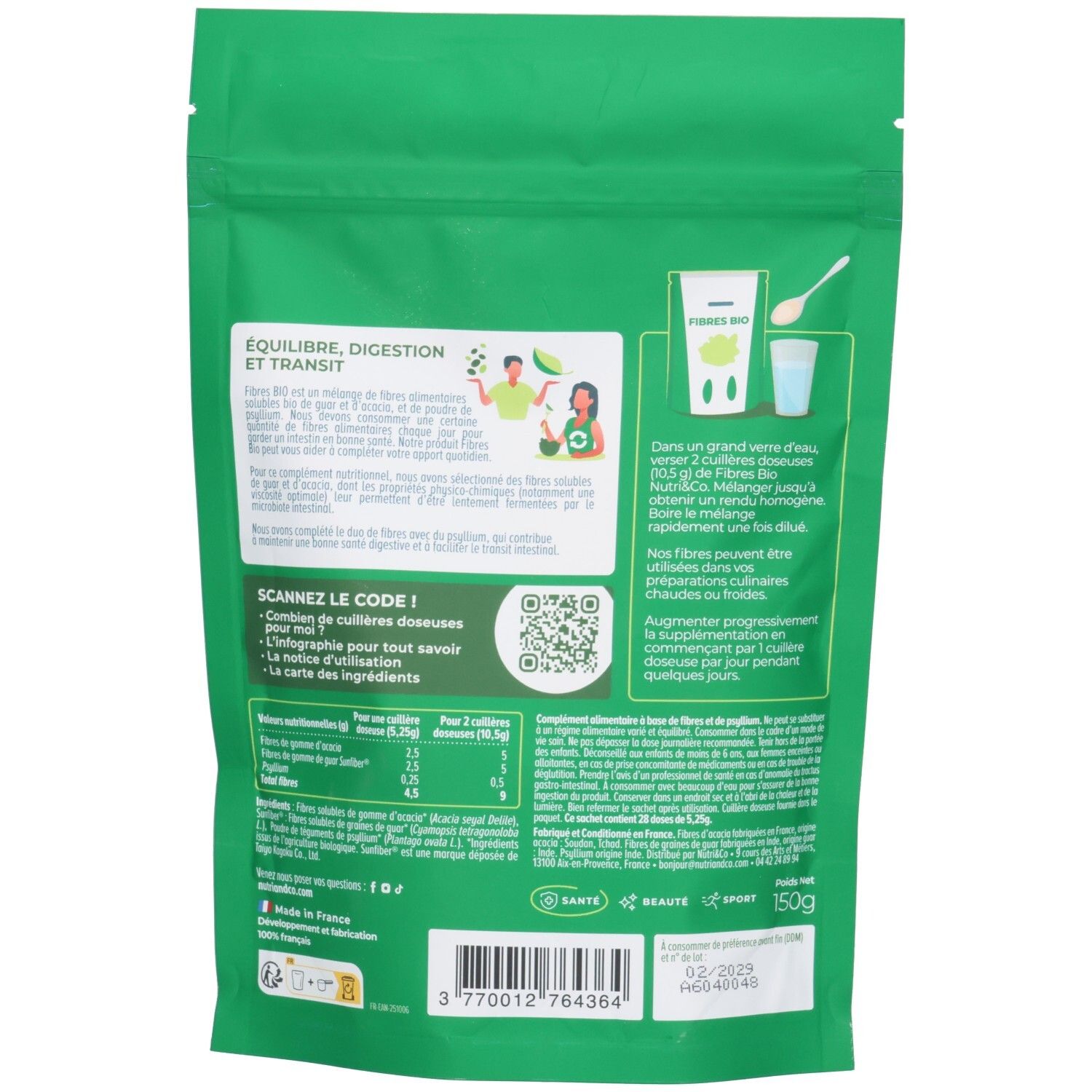 Rückseite der "Nutri&Co Fibres Bio" Verpackung. Text und Illustrationen. QR-Code. Inschrift: "150g".