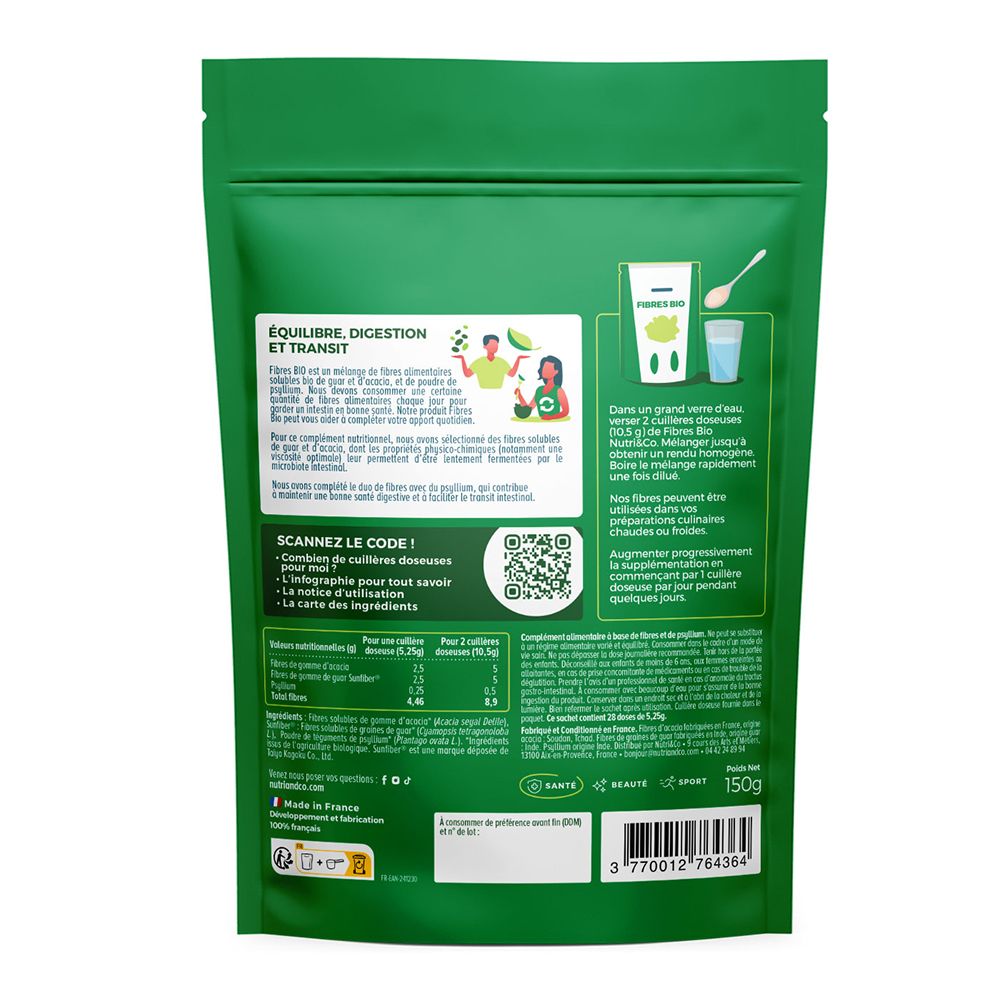Dos du sachet Nutri & Co Fibres Bio avec informations sur l'équilibre, la digestion et le transit.