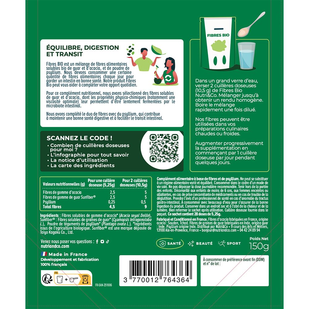 Dos du sachet Nutri & Co Fibres Bio avec tableau nutritionnel et instructions d'utilisation.