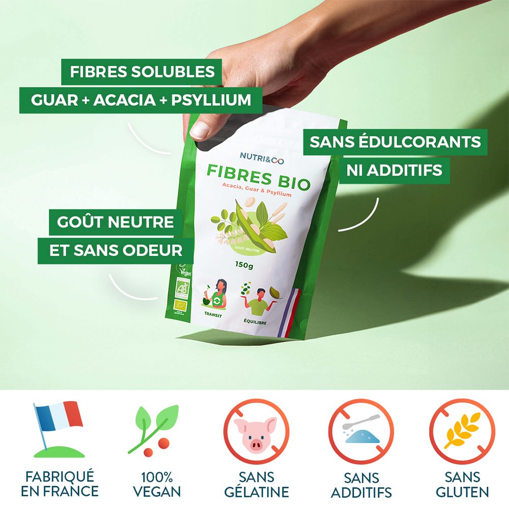 Sachet Nutri & Co Fibres Bio, fabriqué en France, 100% vegan, sans additifs.