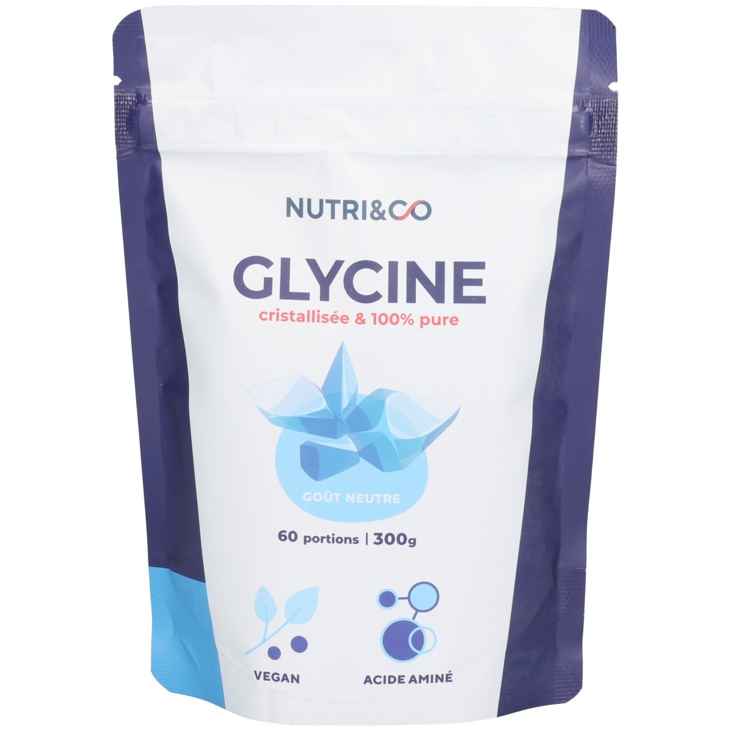 Beutel mit weißem Deckel, blauem Rand und Produktnamen. Aufschrift: GLYCINE, kristallisiert & 100% rein. Vegan-Logo.