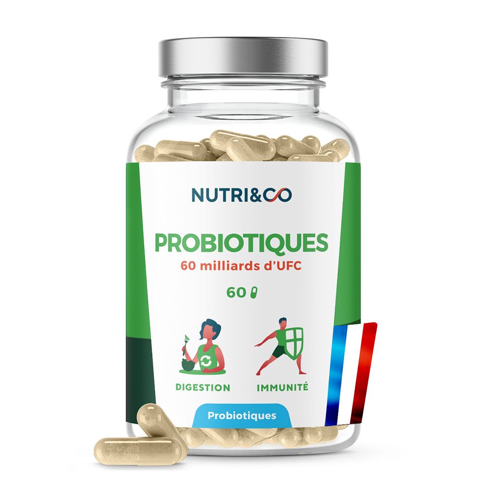 Nutri & Co Probiotika Flasche mit 60 Kapseln, 60 Milliarden UFC. Für Verdauung und Immunität.