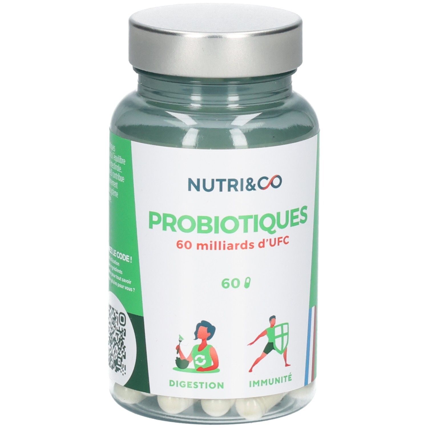 Klare Flasche mit Kapseln. Etikett mit "NUTRI&CO PROBIOTIQUES". 60 Milliarden UFC. Illustrationen: Verdauung, Immunität.