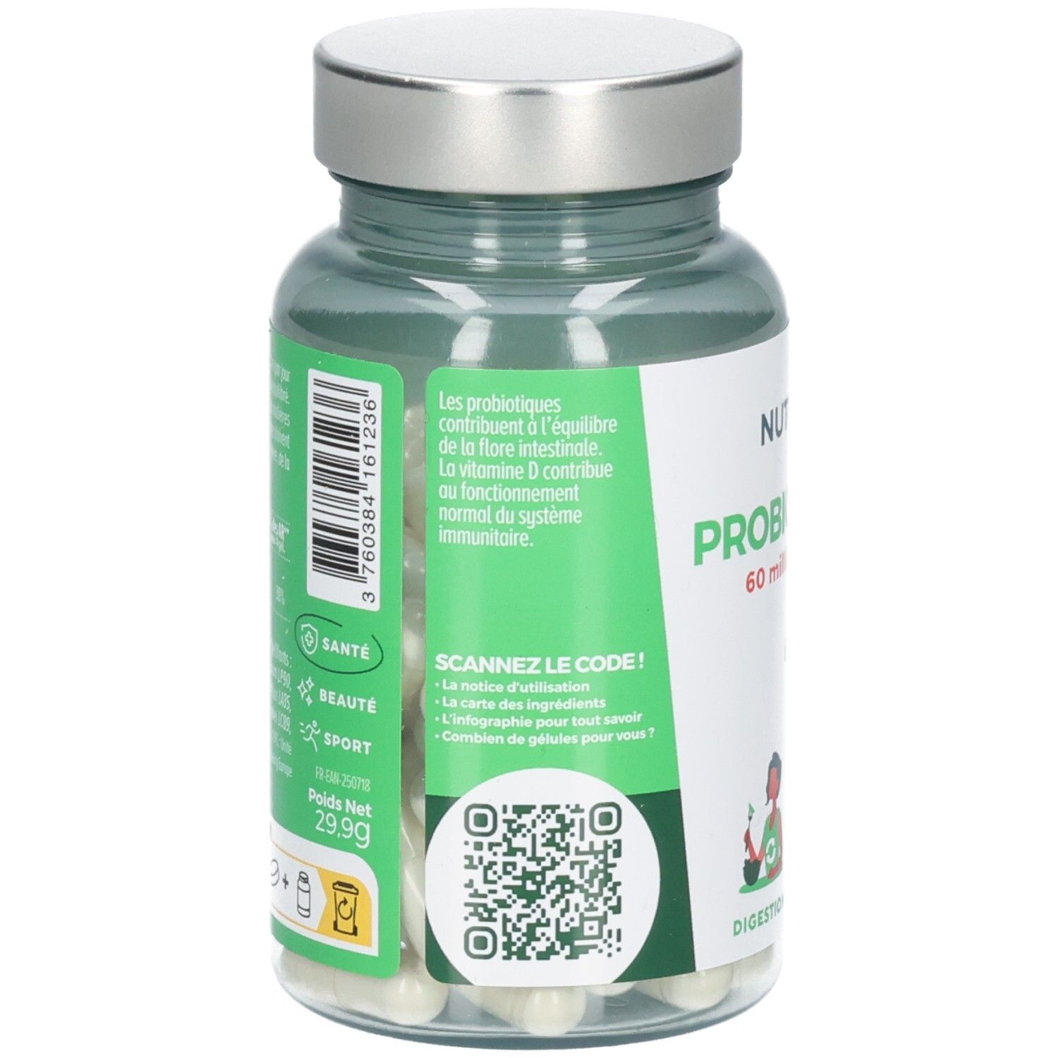 Rückseite der Flasche mit Text. "NUTRI&CO PROBIOTIQUES". QR-Code. Informationen zu Inhaltsstoffen und Hologramm.