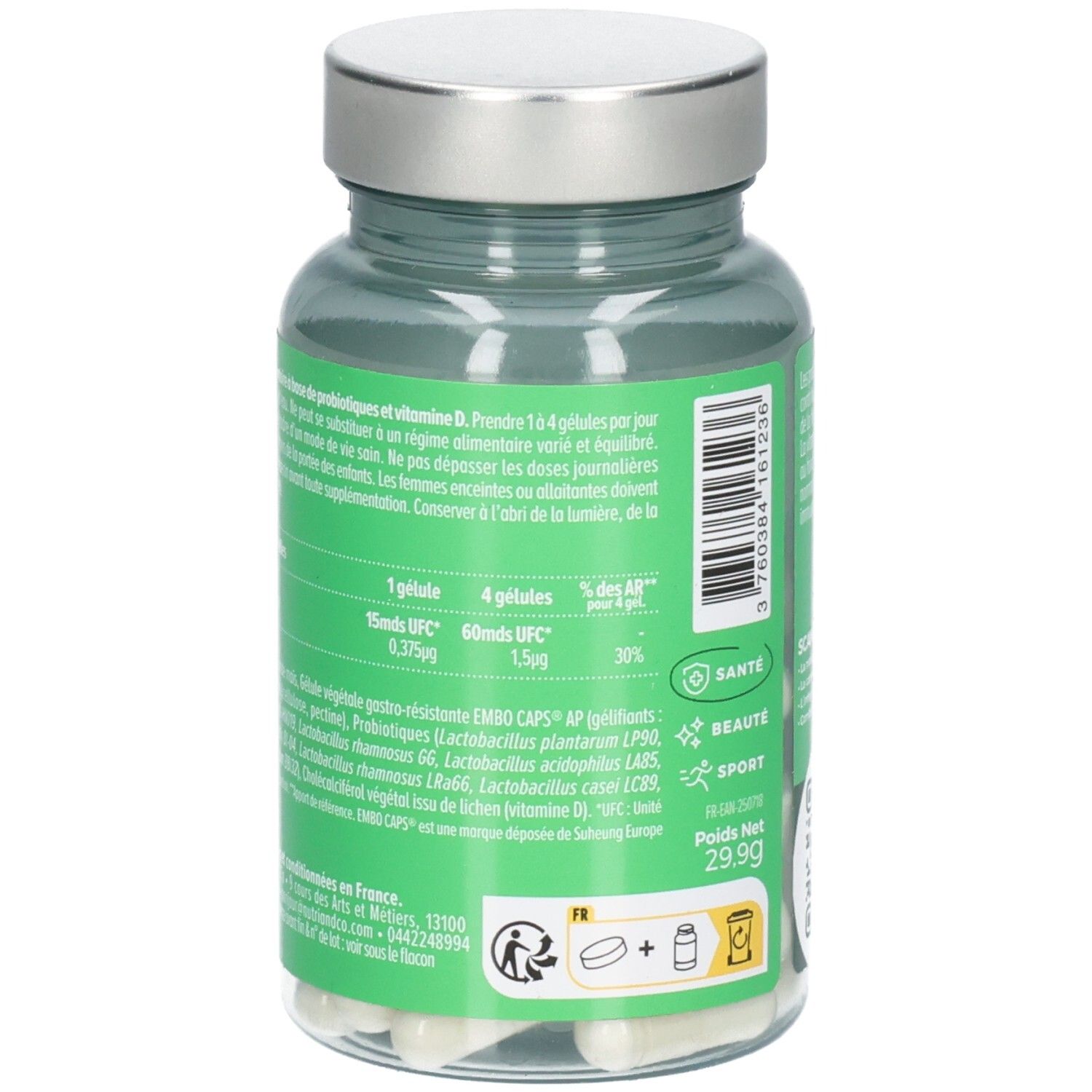 Rückseite der Flasche mit Text. Dosierungsempfehlung: 1-4 Kapseln täglich. Inhaltsstoffe und Nährwertangaben.