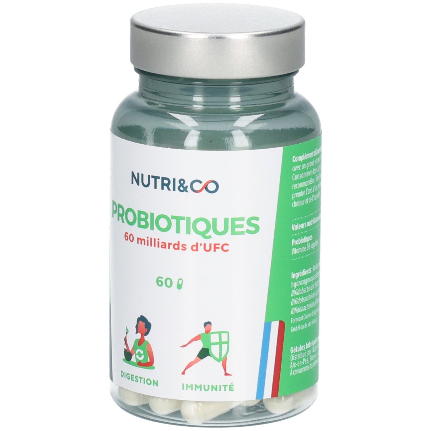 Klare Flasche mit Kapseln. Etikett "NUTRI&CO PROBIOTIQUES". 60 Milliarden UFC. Illustrationen: Verdauung, Immunität.