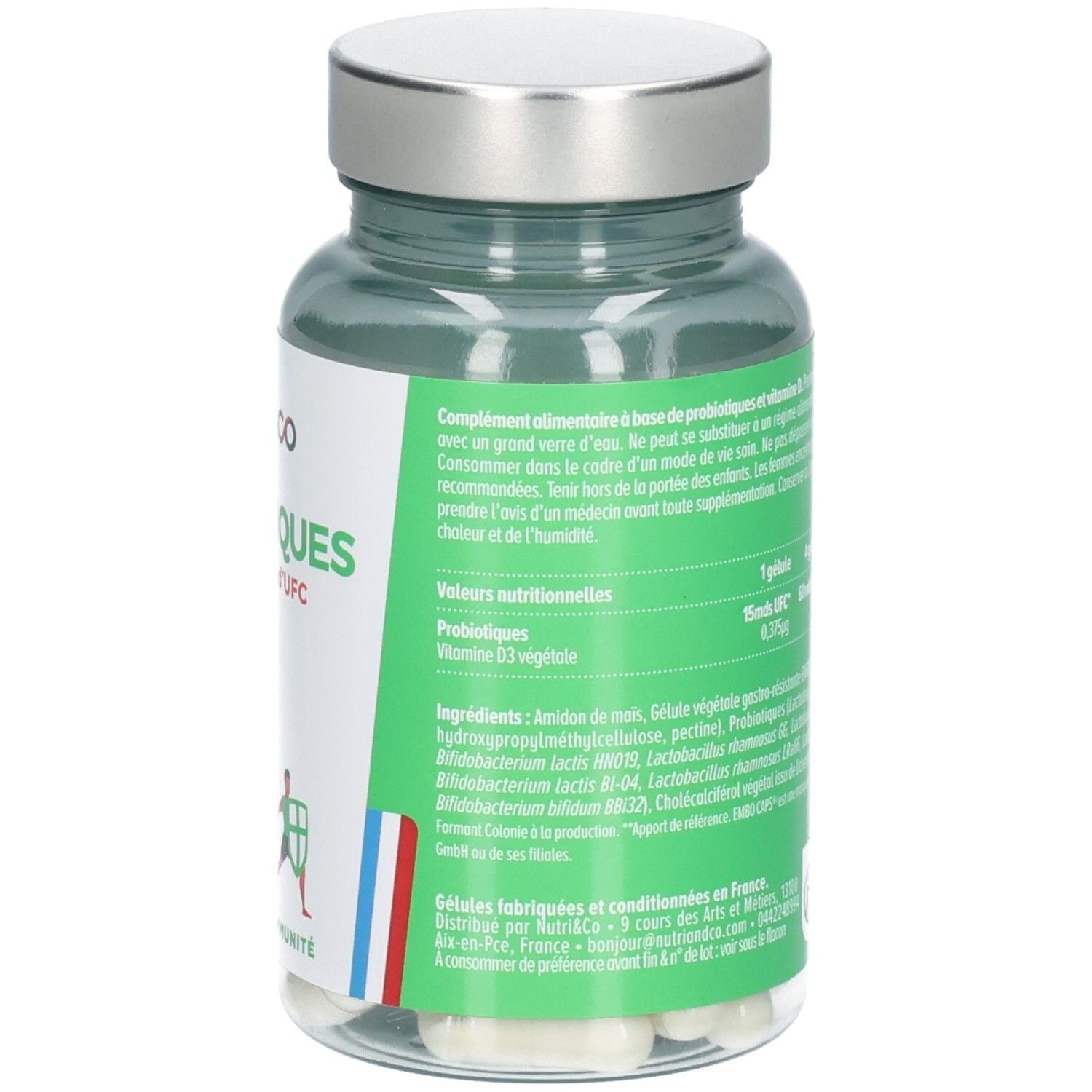 Klare Flasche mit Kapseln. Etikett mit Inhaltsstoffen und Nährwertangaben. Französische Flagge.