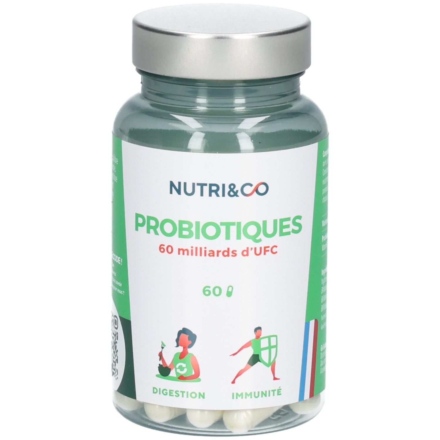 Klare Flasche mit Kapseln. Etikett "NUTRI&CO PROBIOTIQUES". 60 Milliarden UFC. Illustrationen: Verdauung, Immunität.