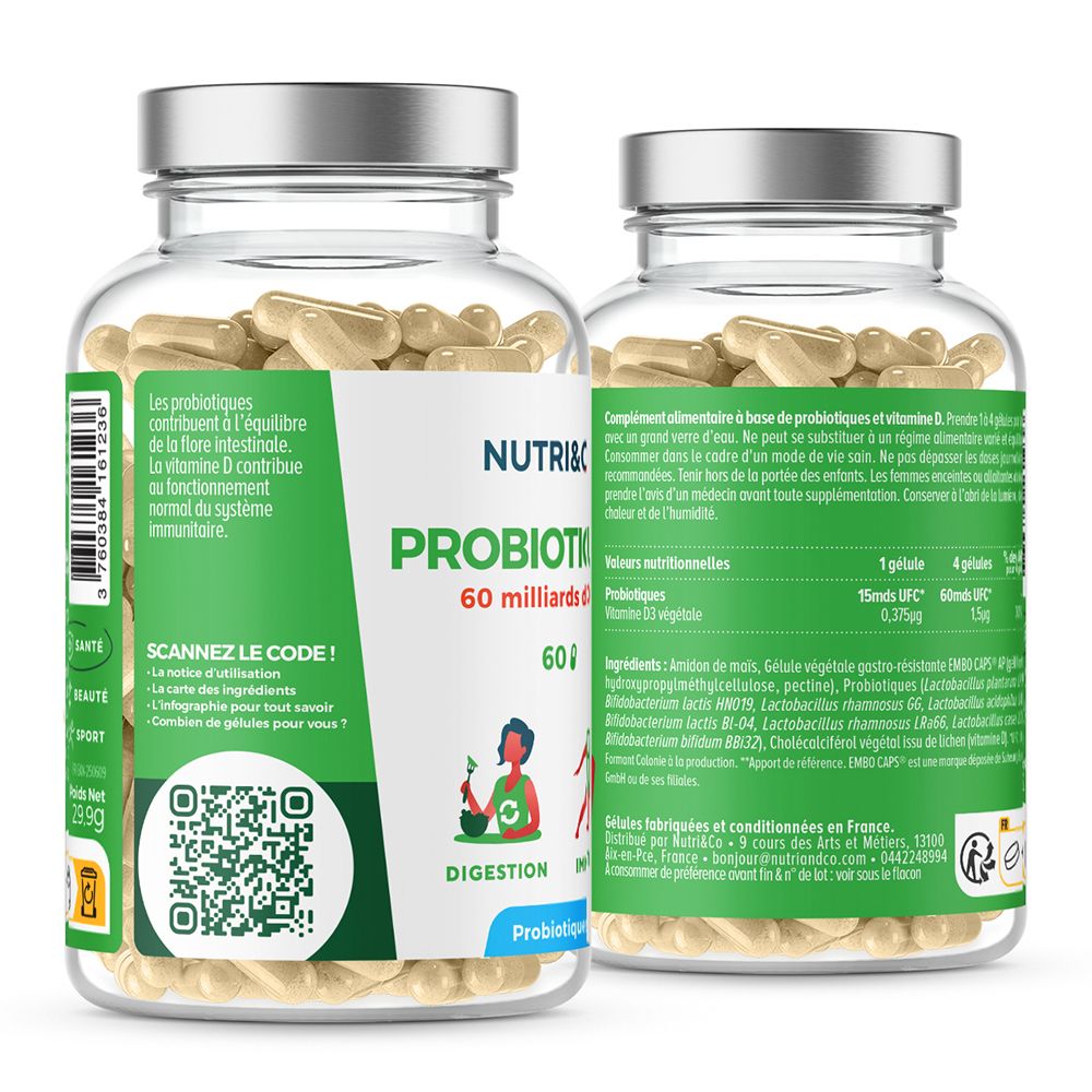 Nutri & Co Probiotika Flasche, Vorder- und Rückseite. Enthält 60 Kapseln, 60 Milliarden UFC. Mit QR-Code und Informationen.