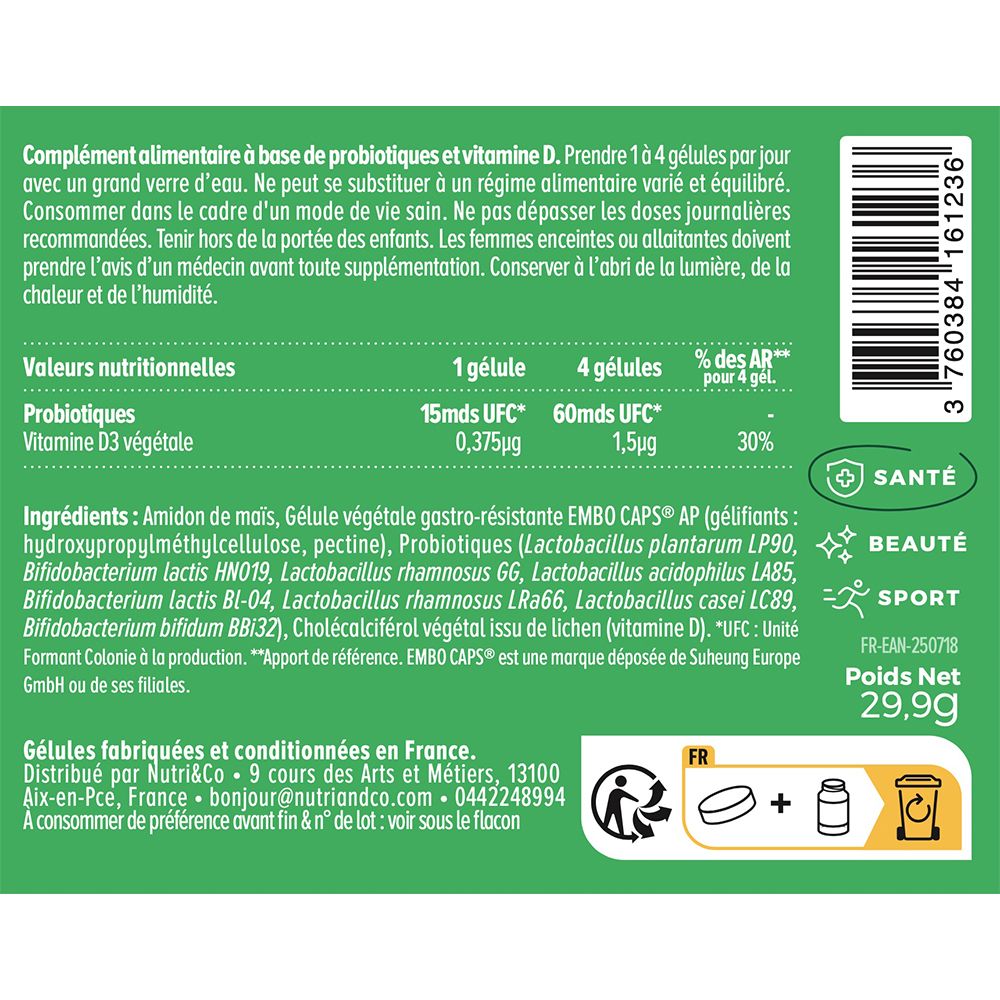 Nutri & Co Probiotika Flasche mit 60 Kapseln, 60 Milliarden UFC. Fokus auf Verdauung und Immunität.