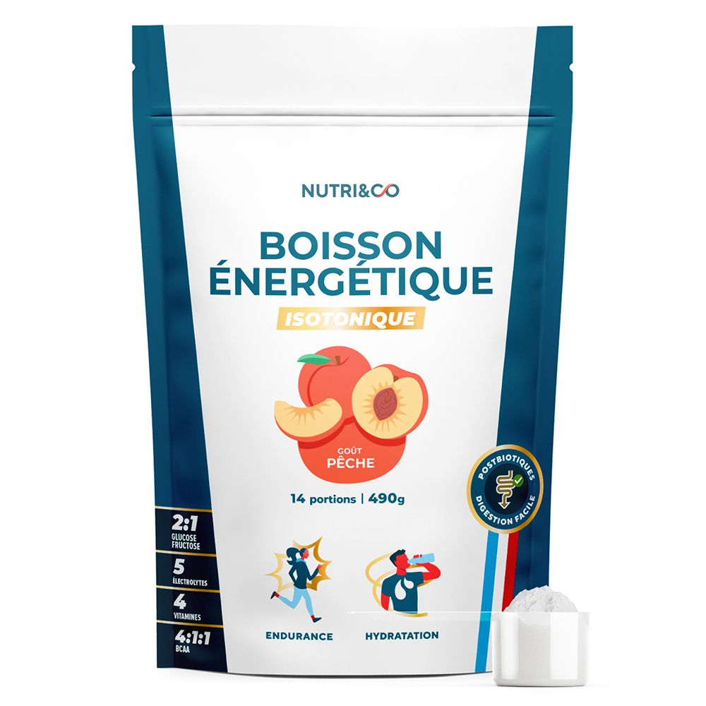 Nutri & Co isotonisches Energiegetränk, Pfirsichgeschmack. Beutel mit 490g, 14 Portionen. Enthält Glukose-Fruktose-Verhältnis 2:1.