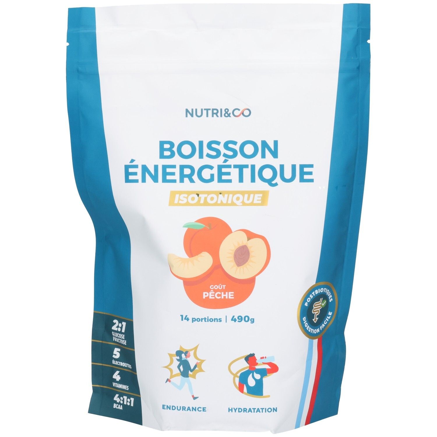 Nutri & Co isotonisches Energiegetränk, Pfirsichgeschmack. Beutel mit 490g, 14 Portionen. Enthält Glukose-Fruktose-Verhältnis 2:1.