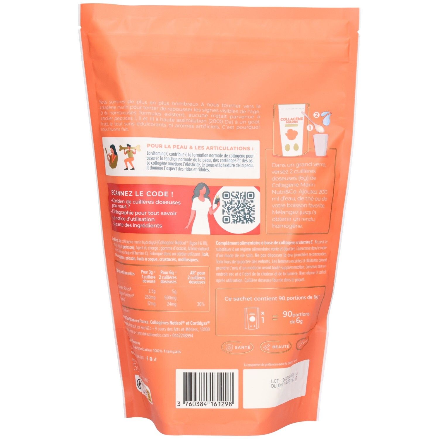 Rückseite der Nutri & Co Kollagen Packung mit Nährwertangaben und Anwendungshinweisen.