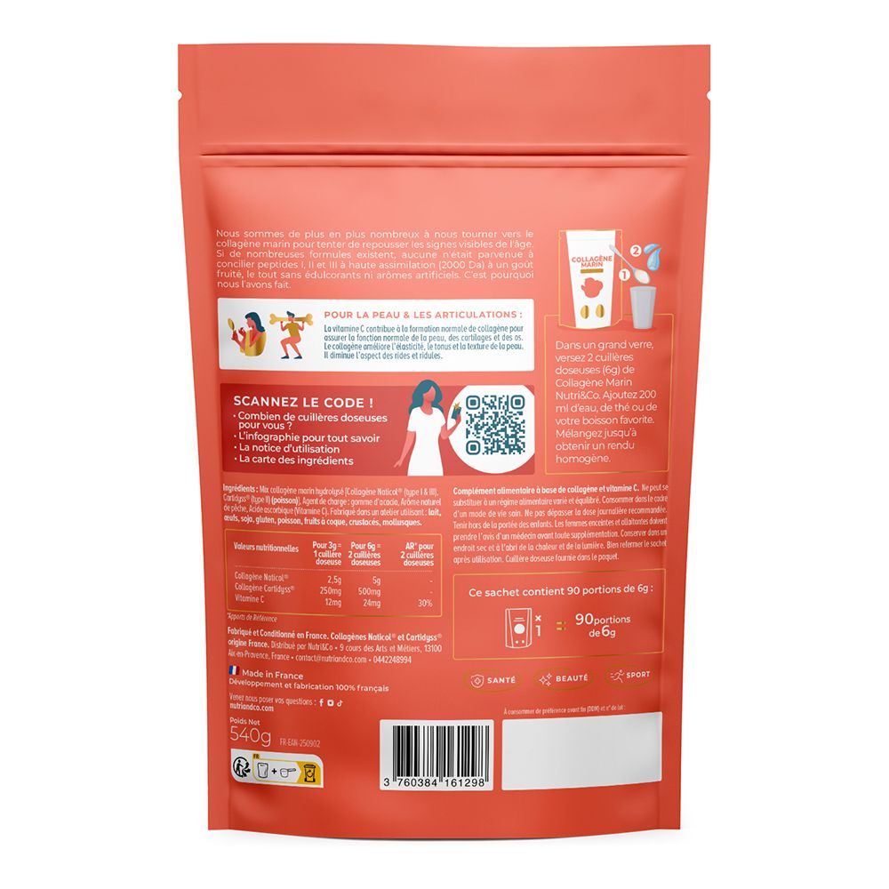 Rückseite der Nutri & Co Kollagen Packung mit Nährwertangaben und Anwendungshinweisen.