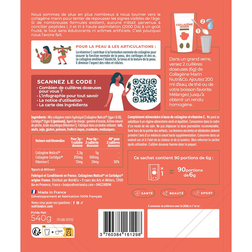 Nutri & Co Kollagen Packung, Rückseite mit detaillierten Nährwertangaben und Herkunftsangabe.