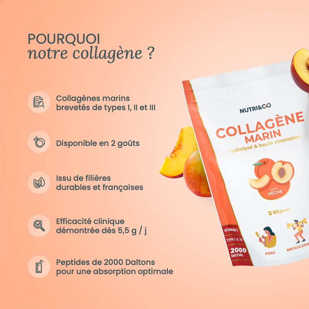 Nutri & Co Kollagen Pulver, Pfirsichgeschmack, Vorteile für Haut und Gelenke.