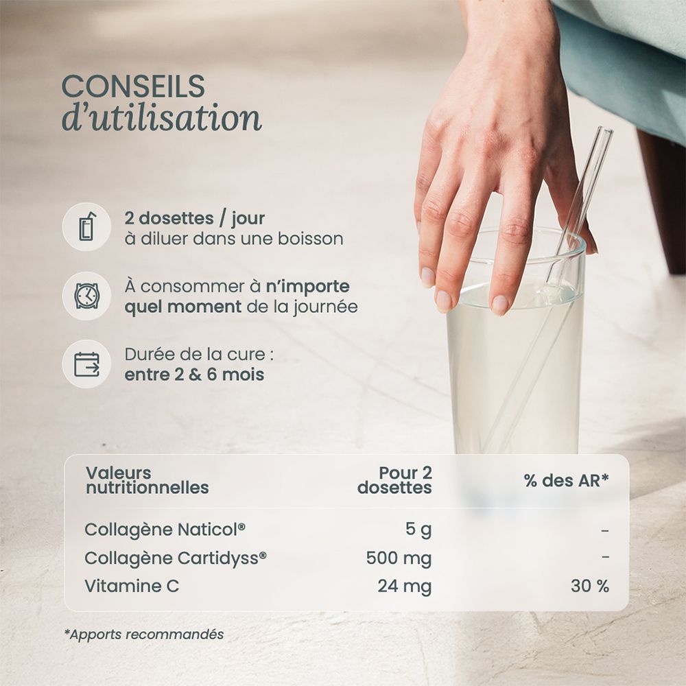 Anwendungshinweise für Nutri & Co Kollagen: 2 Messlöffel pro Tag in einem Getränk.