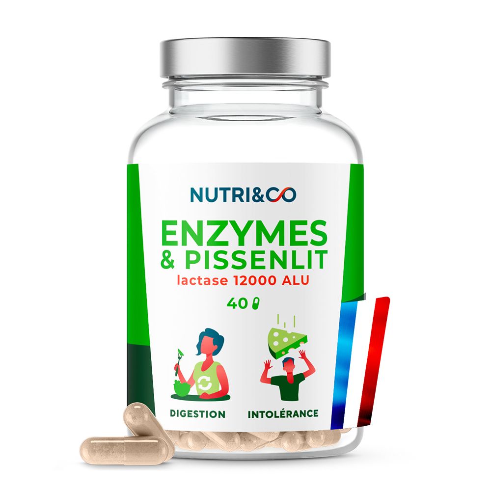 Flasche mit Nutri & Co Enzymen & Pissenlit Kapseln, 40 Stück. Enthält Lactase 12000 ALU.