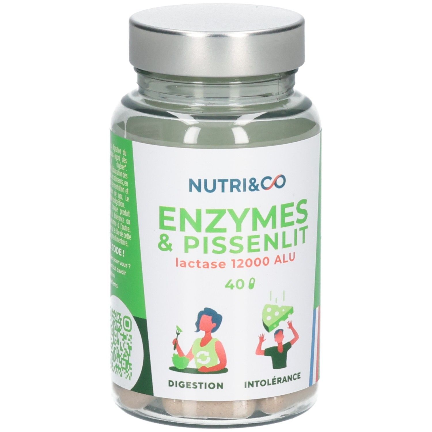 Flasche mit Nutri & Co Enzymen & Pissenlit Kapseln, 40 Stück. Enthält Lactase 12000 ALU.