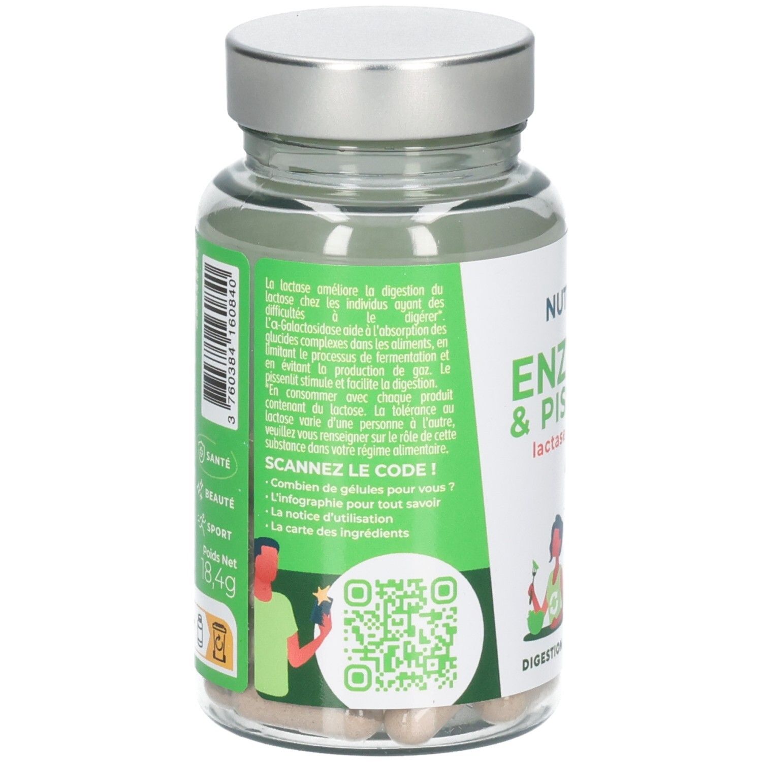 Rückansicht einer Flasche Nutri & Co Enzymen & Pissenlit Kapseln mit Nährwertangaben und QR-Code.