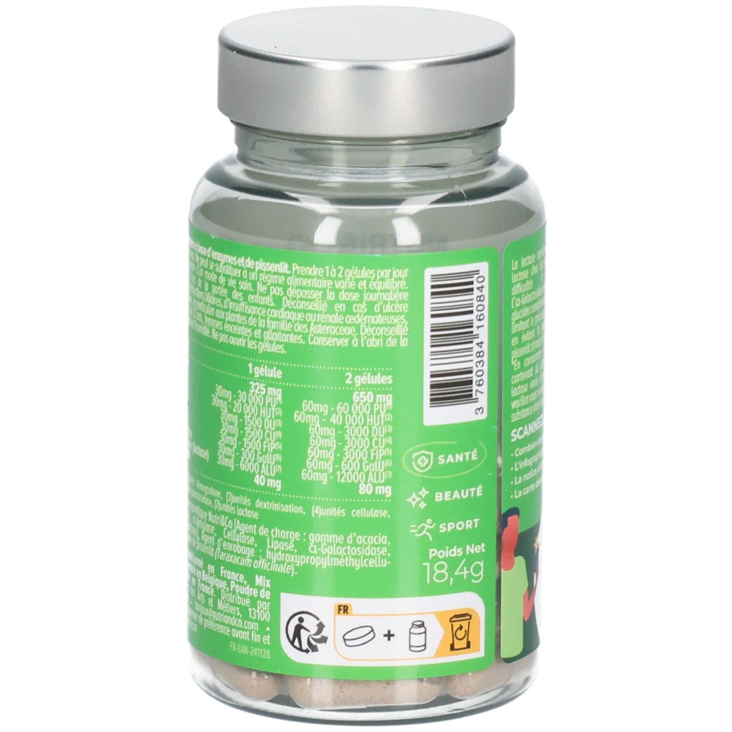 Rückseite der Flasche Nutri & Co Enzymen & Pissenlit mit detaillierten Inhaltsstoffen und Zertifizierungen.