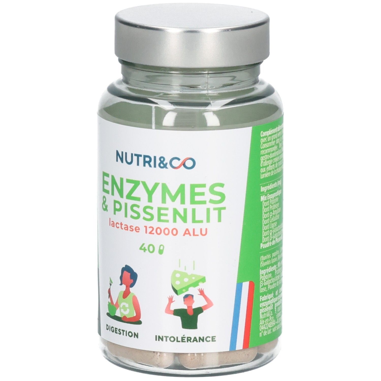Flasche mit Nutri & Co Enzymen & Pissenlit Kapseln, 40 Stück. Enthält Lactase 12000 ALU.