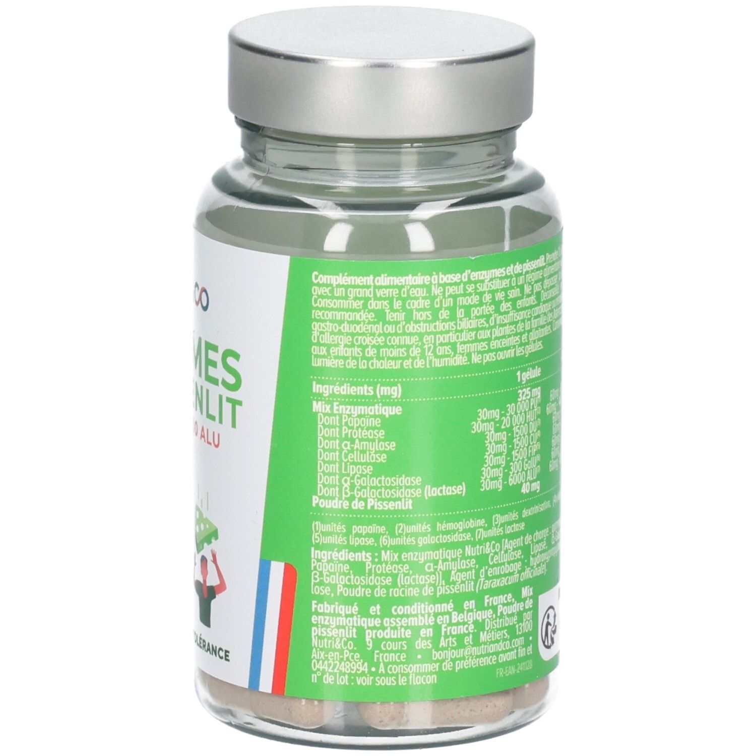 Rückansicht einer Flasche Nutri & Co Enzymen & Pissenlit Kapseln mit Nährwertangaben und QR-Code.