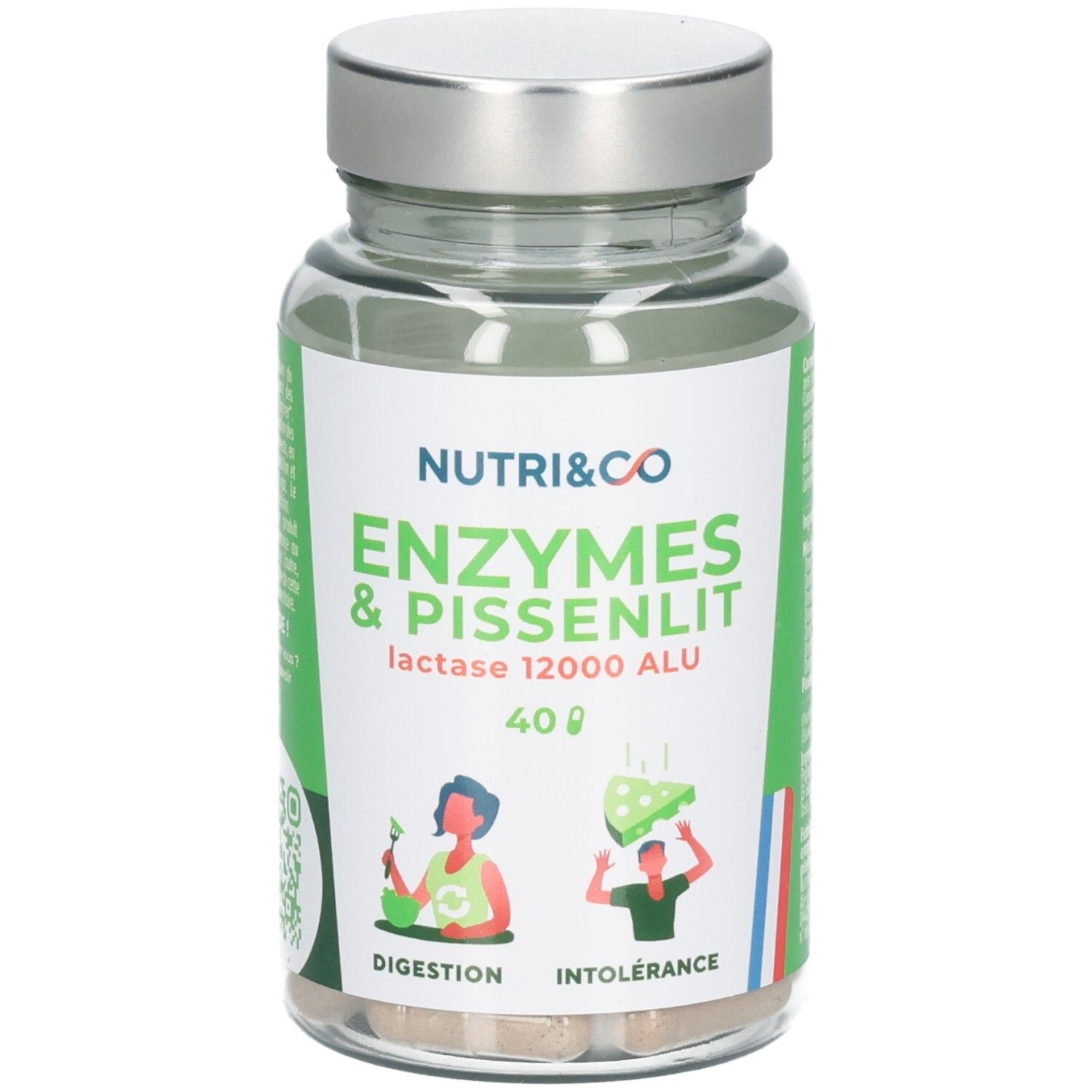 Flasche mit Nutri & Co Enzymen & Pissenlit Kapseln, 40 Stück. Enthält Lactase 12000 ALU.