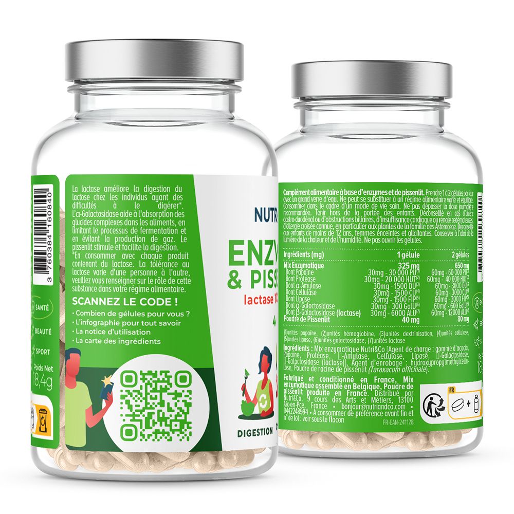 Rückansicht einer Flasche Nutri & Co Enzymen & Pissenlit Kapseln mit Nährwertangaben und QR-Code.