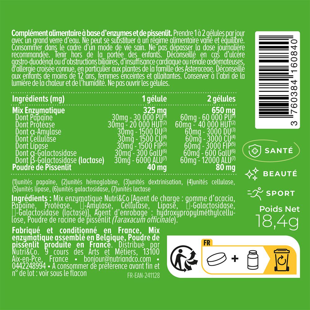 Rückseite der Flasche Nutri & Co Enzymen & Pissenlit mit detaillierten Inhaltsstoffen und Zertifizierungen.