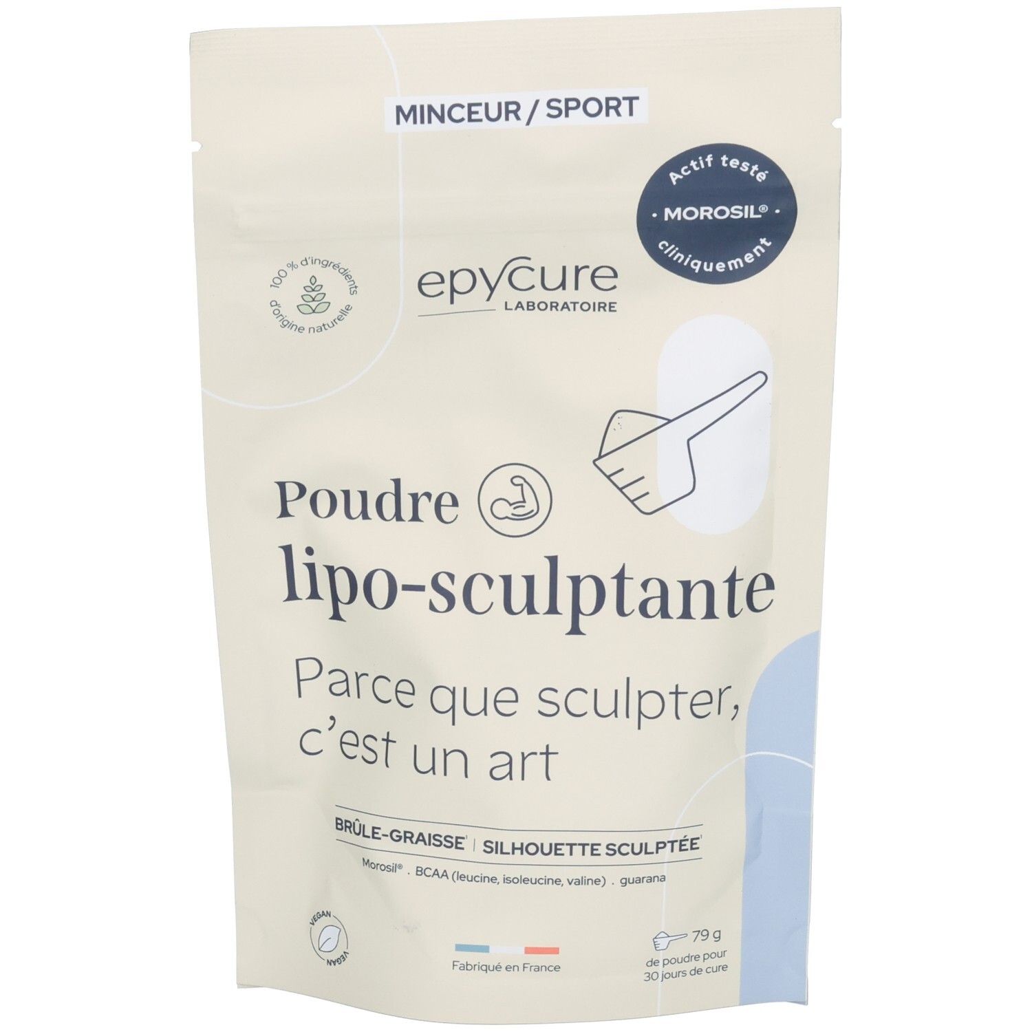 Beutel mit Aufschrift "Poudre lipo-sculptante". Logo "epyCure". Text: "Minceur/Sport". Mit Inhaltsangaben und Zertifizierungen.