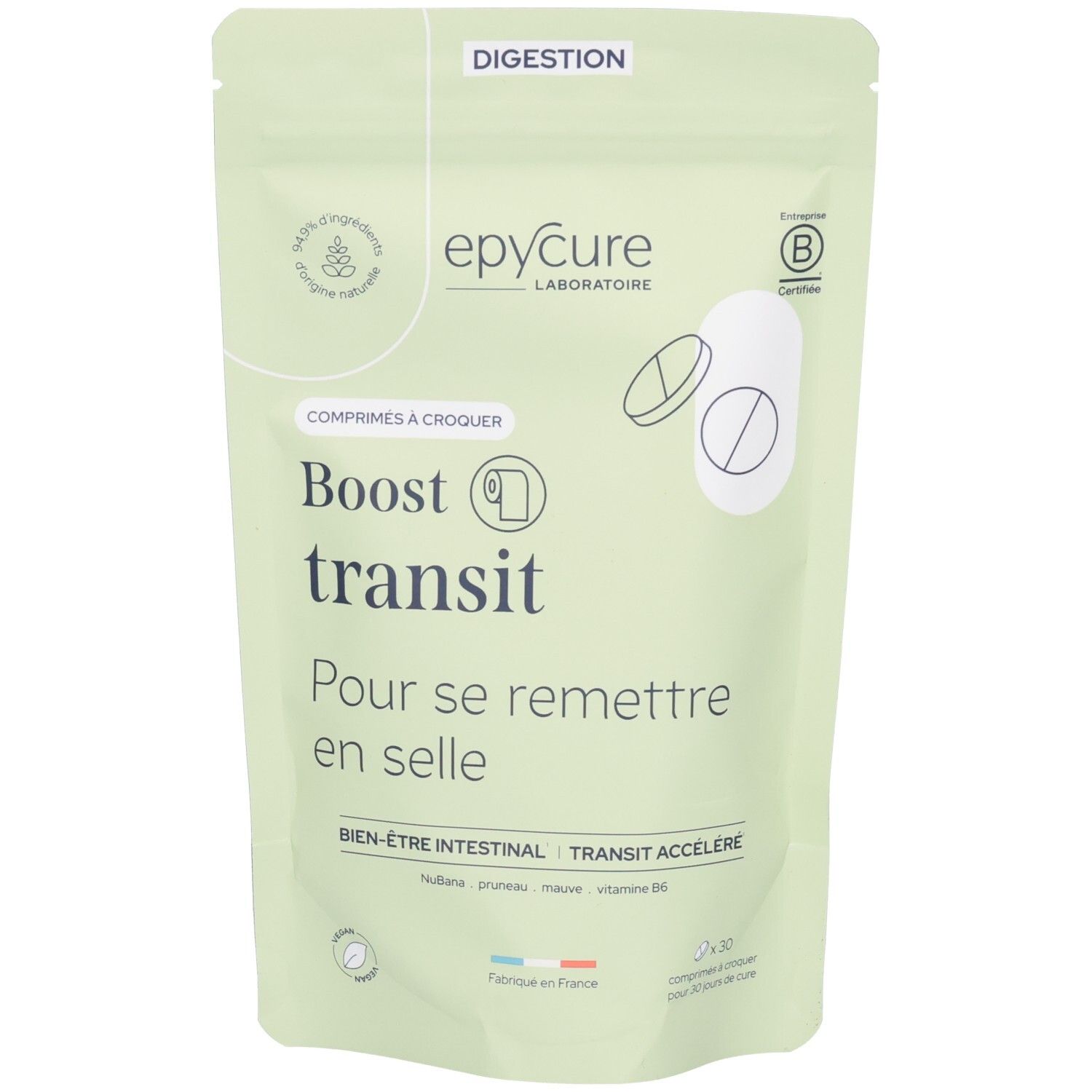 Beutel mit Tabletten. Aufschrift: Boost transit. Logo: Epycure Laboratoire. Zertifizierung: B Corp. Text: Comprimés à croquer.
