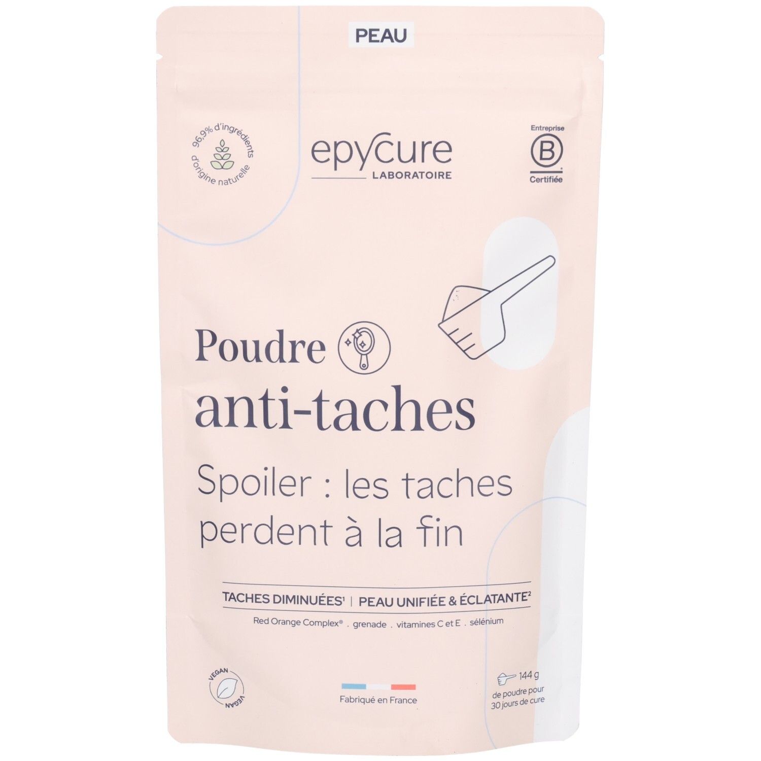 Beutel mit Poudre anti-taches. Rosa Verpackung mit Logo und Text. Zertifizierungen und Inhaltsstoffe sind sichtbar.