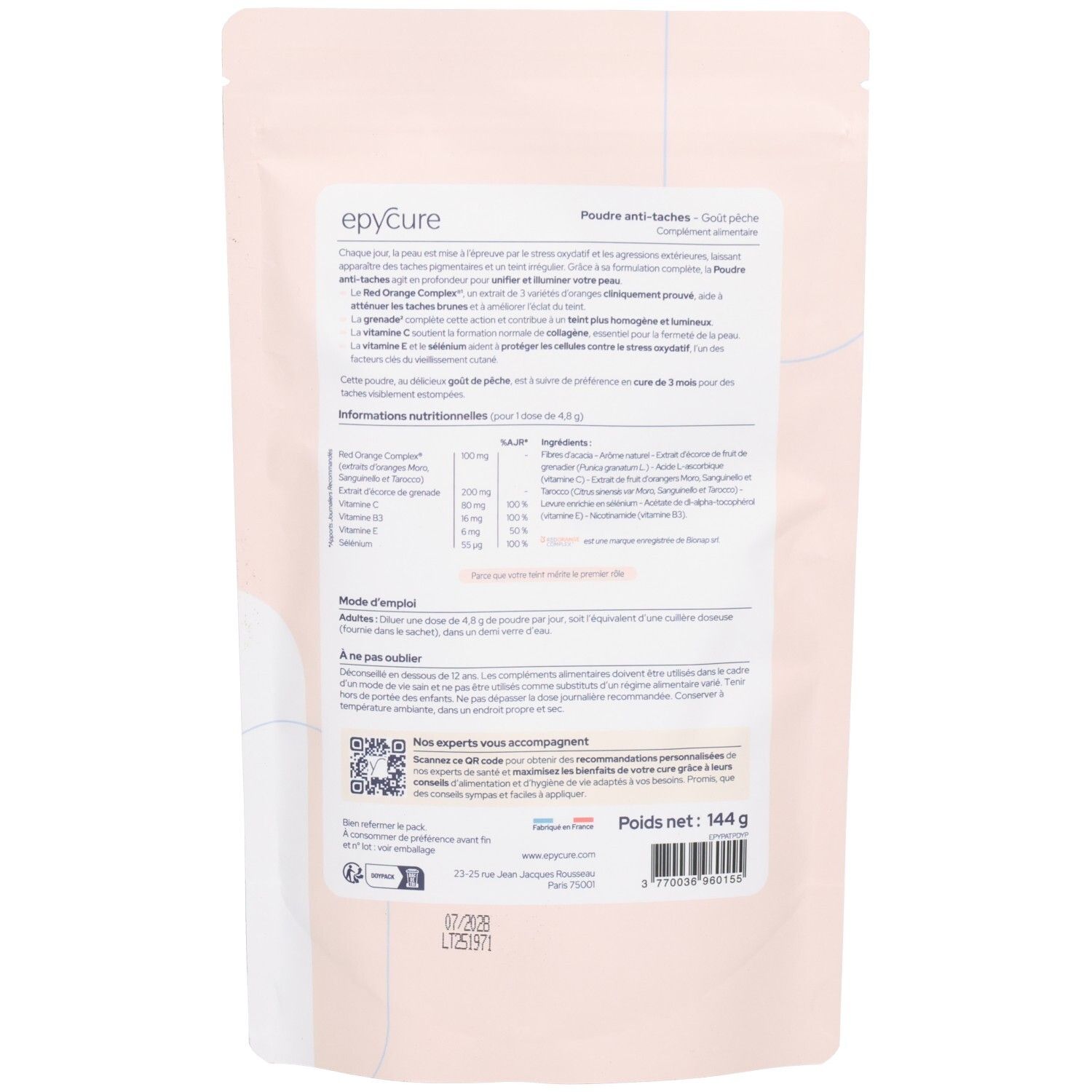 Rückseite des Beutels Poudre anti-taches. Text mit Inhaltsstoffen, Gebrauchsanweisung und QR-Code.