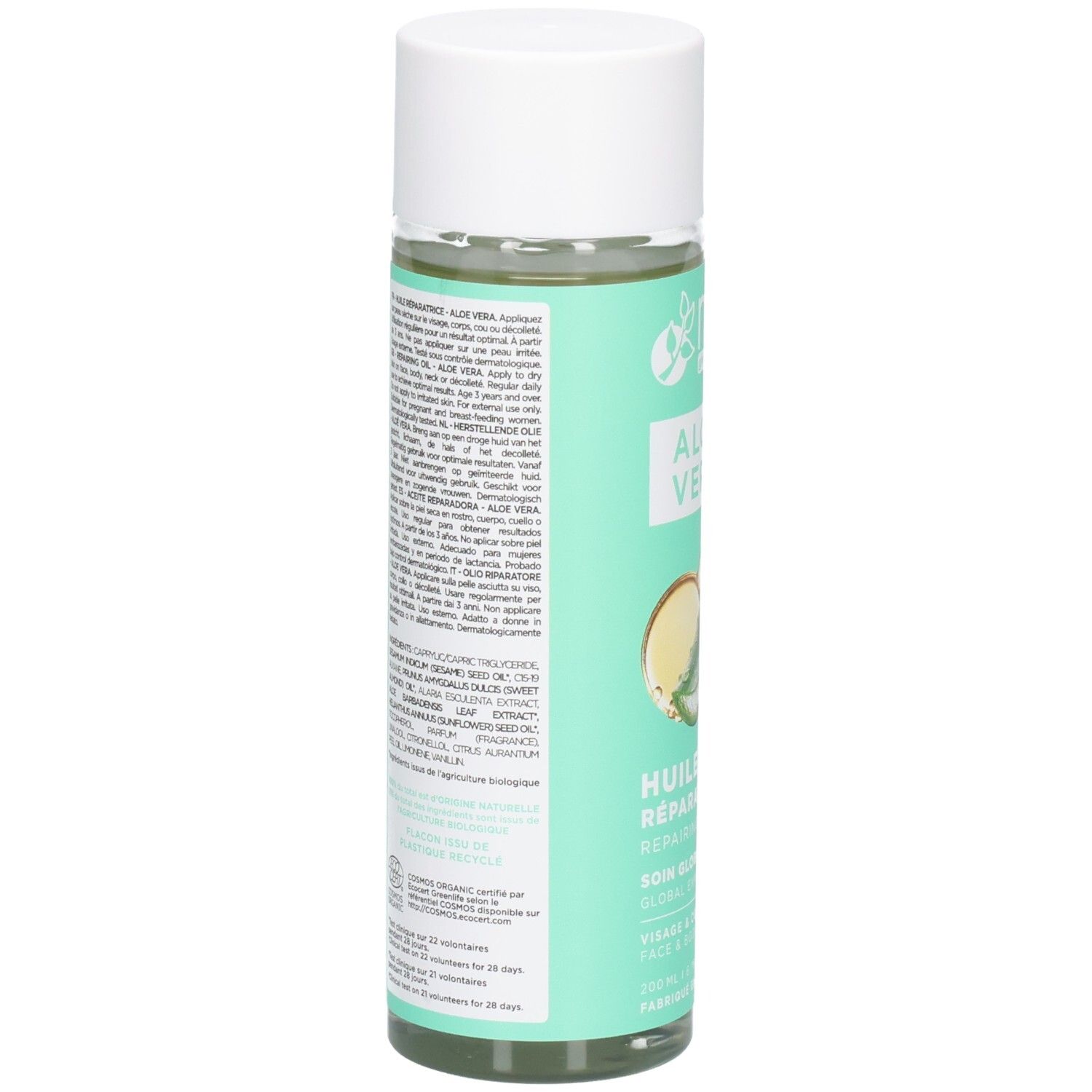Arrière du flacon d'huile réparatrice MKL Green Nature Aloe Vera avec ingrédients.