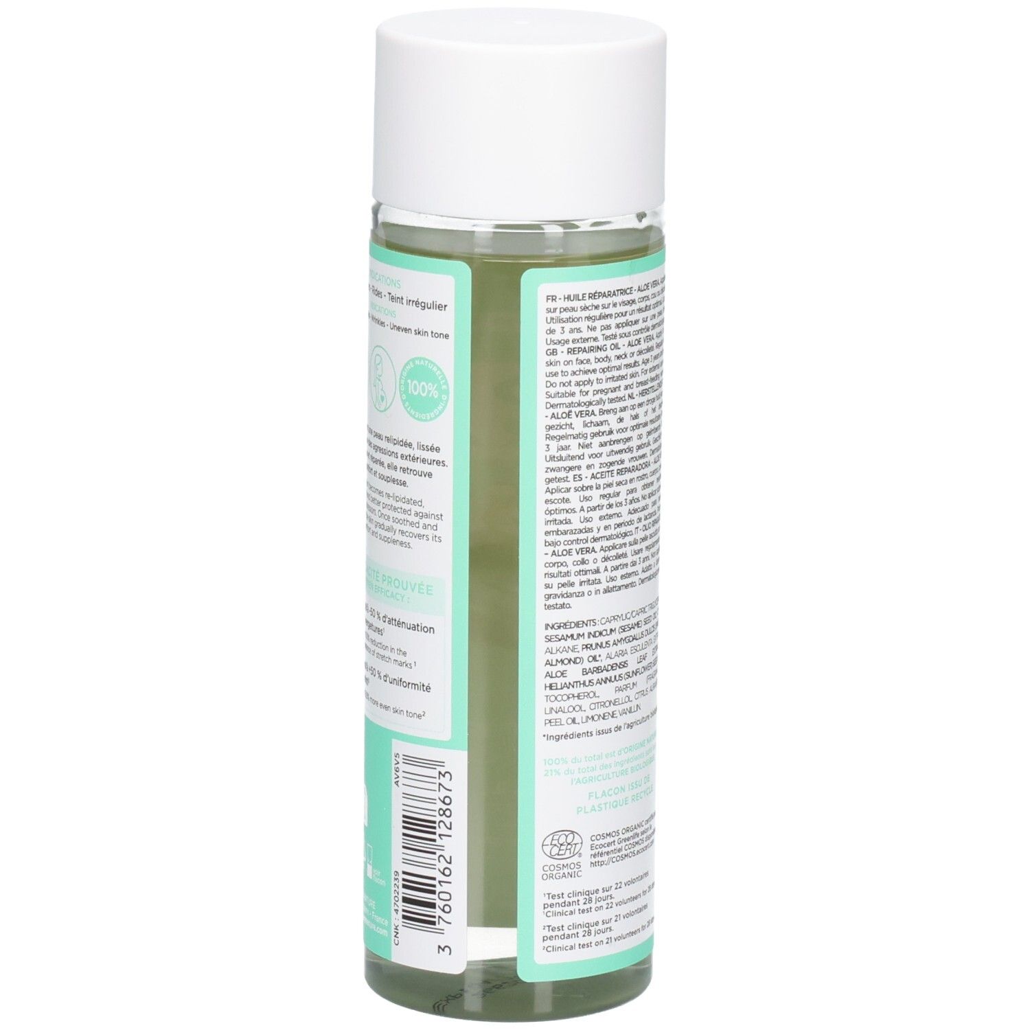 Vue latérale du flacon d'huile réparatrice MKL Green Nature Aloe Vera avec code-barres.