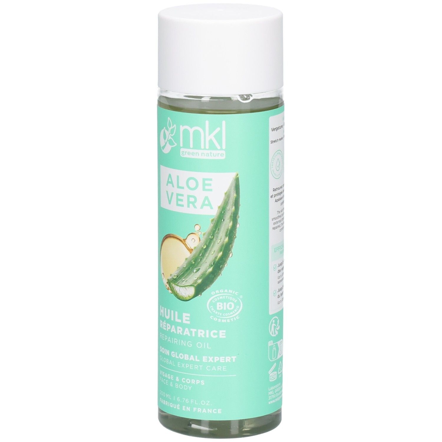 Huile réparatrice MKL Green Nature Aloe Vera, flacon de 200ml, vue de face.