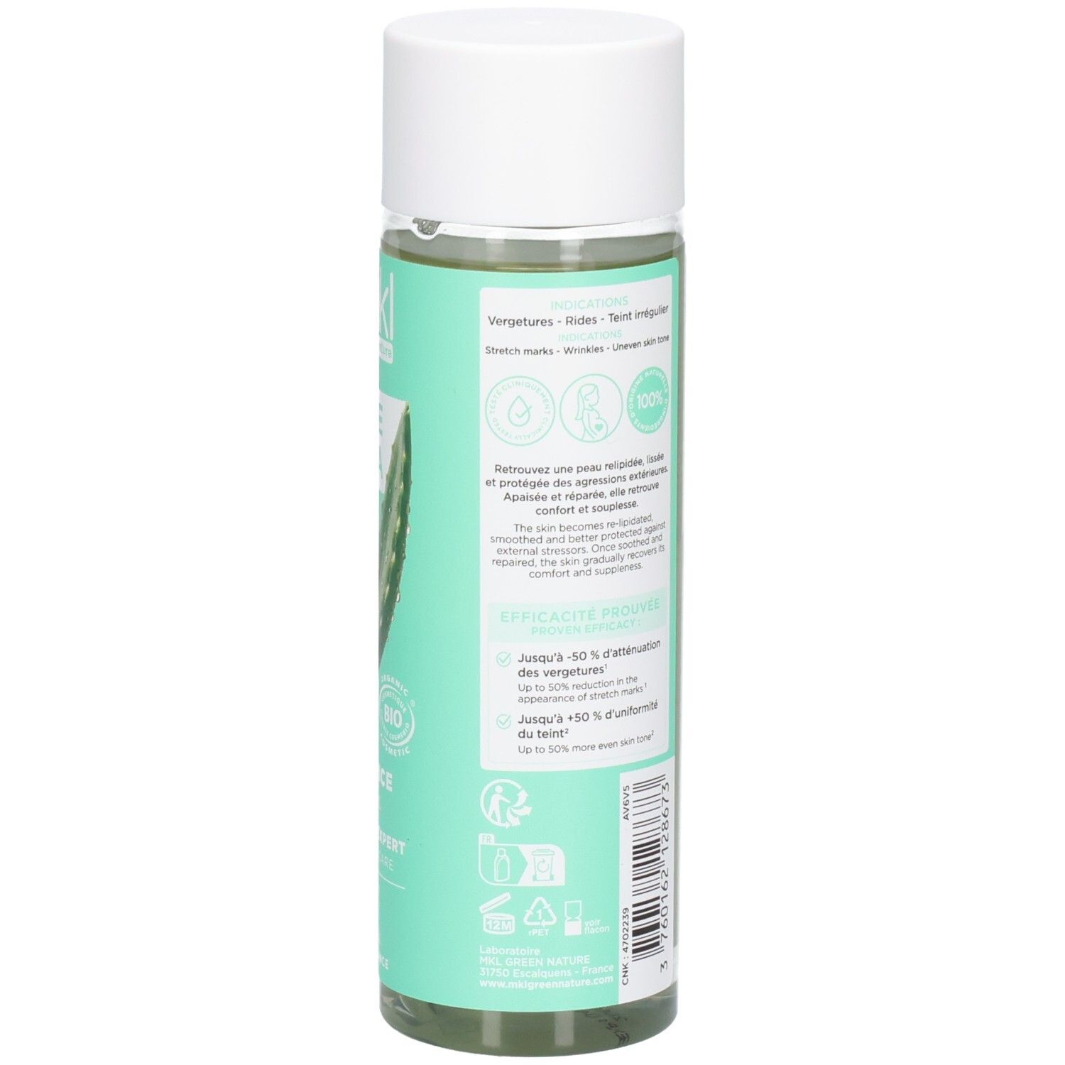 Arrière du flacon d'huile réparatrice MKL Green Nature Aloe Vera avec instructions d'utilisation.