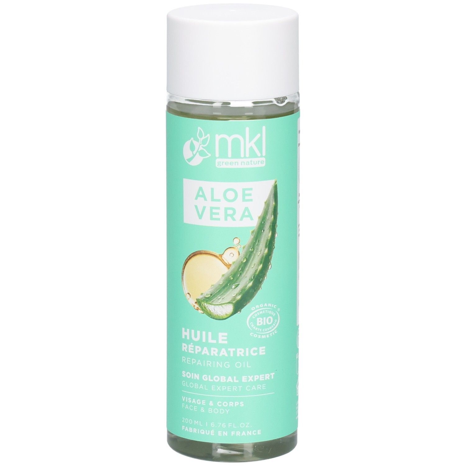 Huile réparatrice MKL Green Nature Aloe Vera, flacon de 200ml, avec illustration de feuille d'aloès.