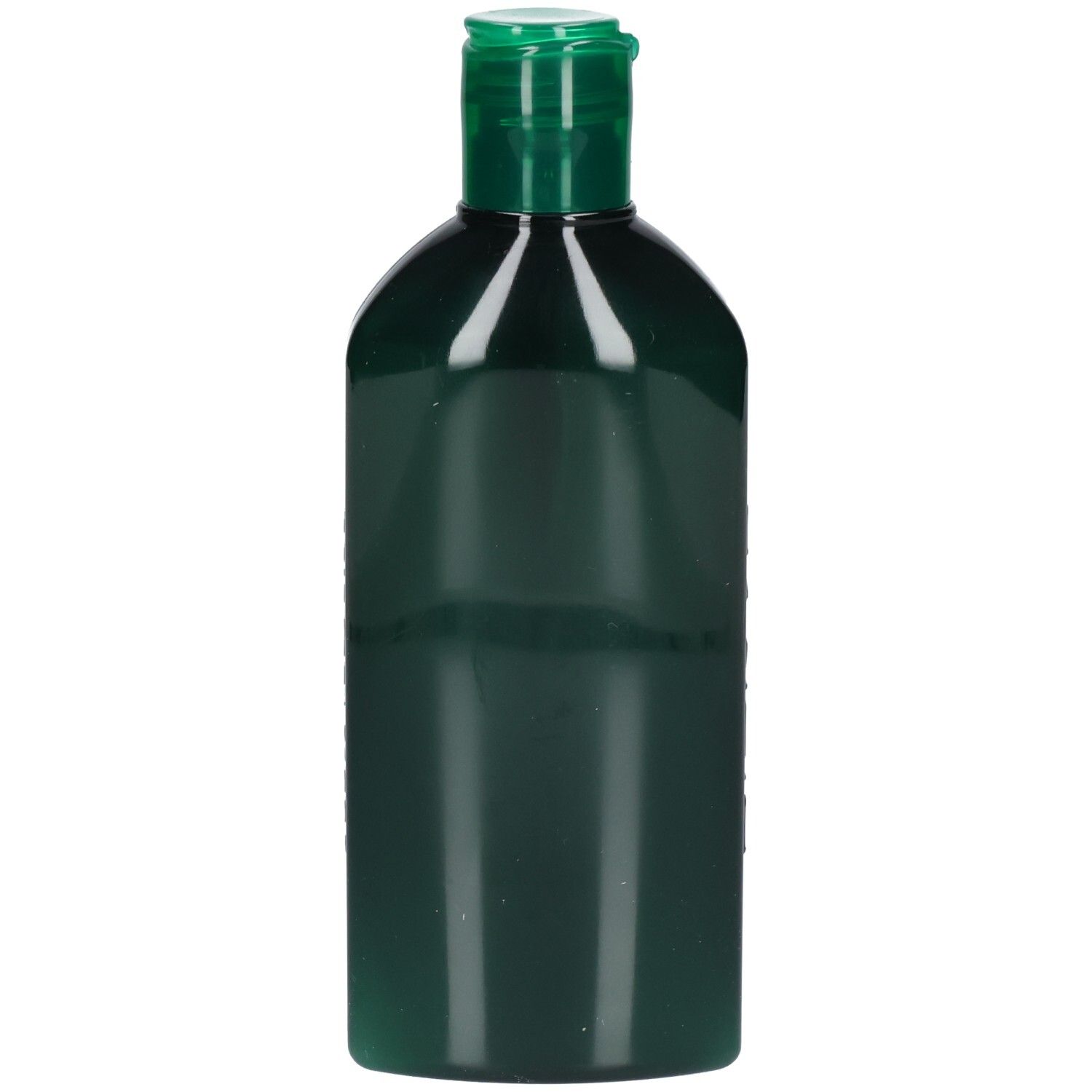 Grüne Shampoo-Flasche mit grünem Deckel. Keine Beschriftung sichtbar.