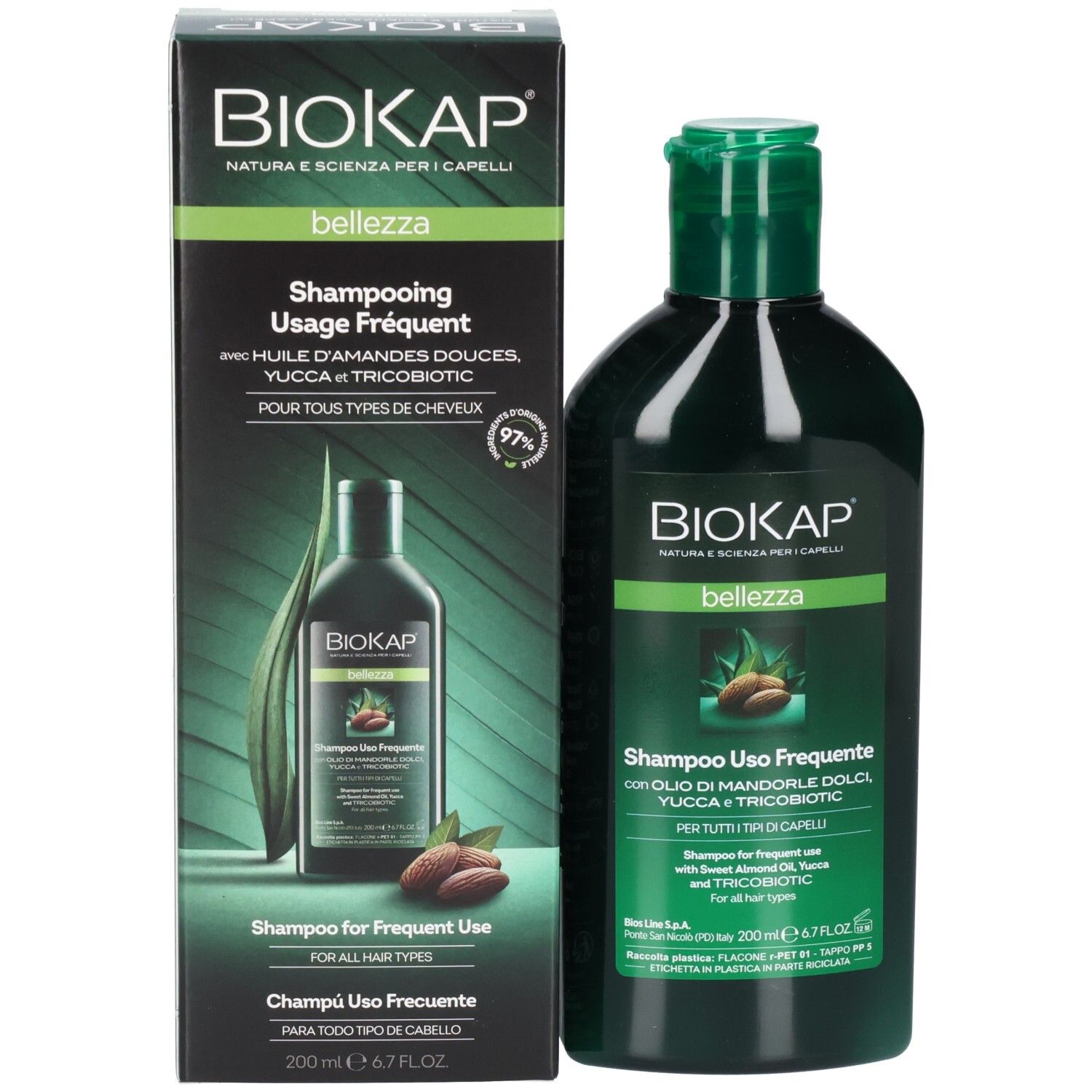 Produktverpackung mit Shampoo-Flasche. Aufschrift: BIOKAP, Bellezza, Shampooing Usage Fréquent. Mit Mandelöl, Yucca und TRICOBIOTIC.