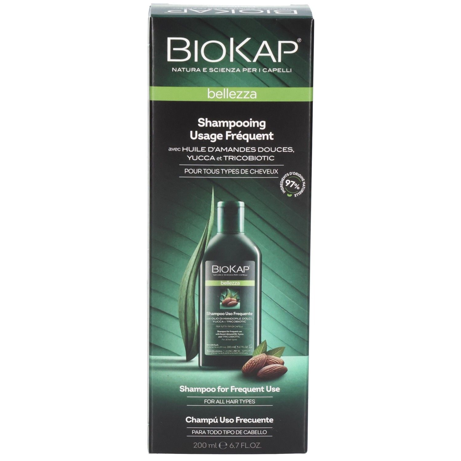 Produktverpackung mit Shampoo-Flasche. Aufschrift: BIOKAP, Bellezza, Shampooing Usage Fréquent. Mit Mandelöl, Yucca und TRICOBIOTIC.