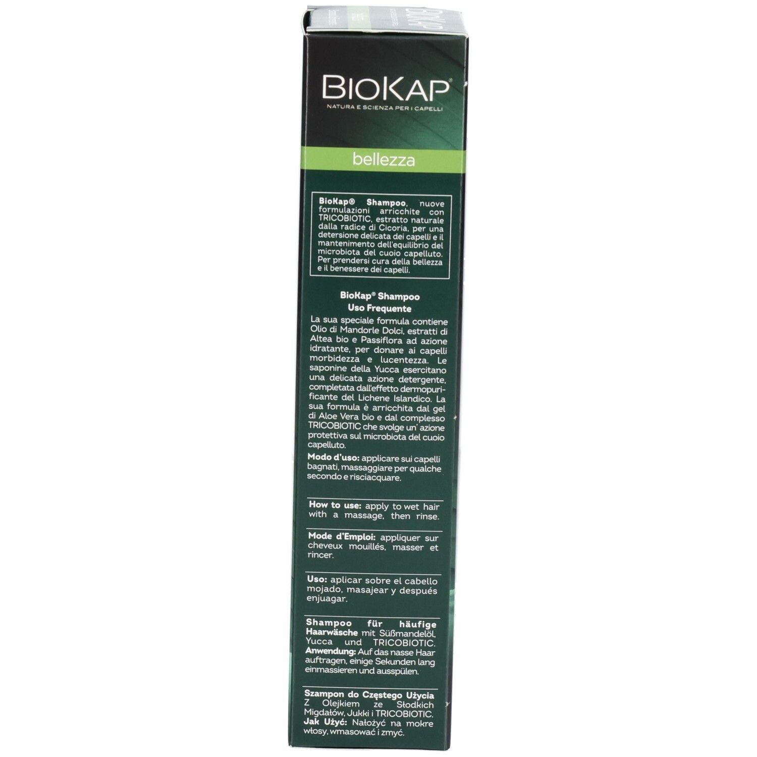 Produktverpackung, Rückseite. Text in mehreren Sprachen. Enthält Informationen zur Anwendung und Inhaltsstoffen.