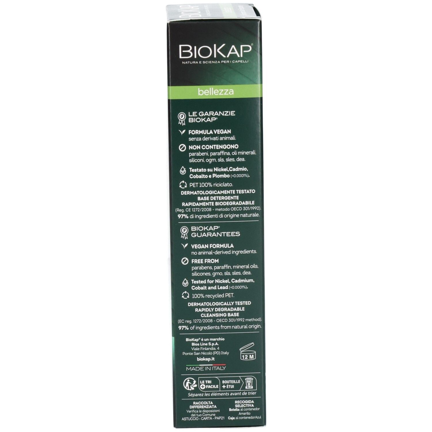 Produktverpackung, Rückseite. Text in mehreren Sprachen. Enthält Informationen zu Zertifizierungen und Inhaltsstoffen.
