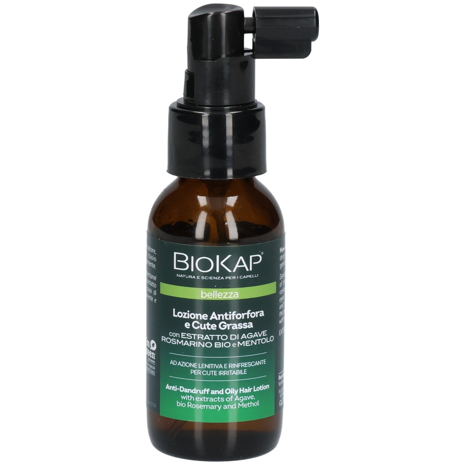 Braune Flasche mit schwarzem Sprühkopf. Aufschrift: BIOKAP, bellezza, Lotion Antiforfora e Cute Grassa. Grün-weiße Etiketten.