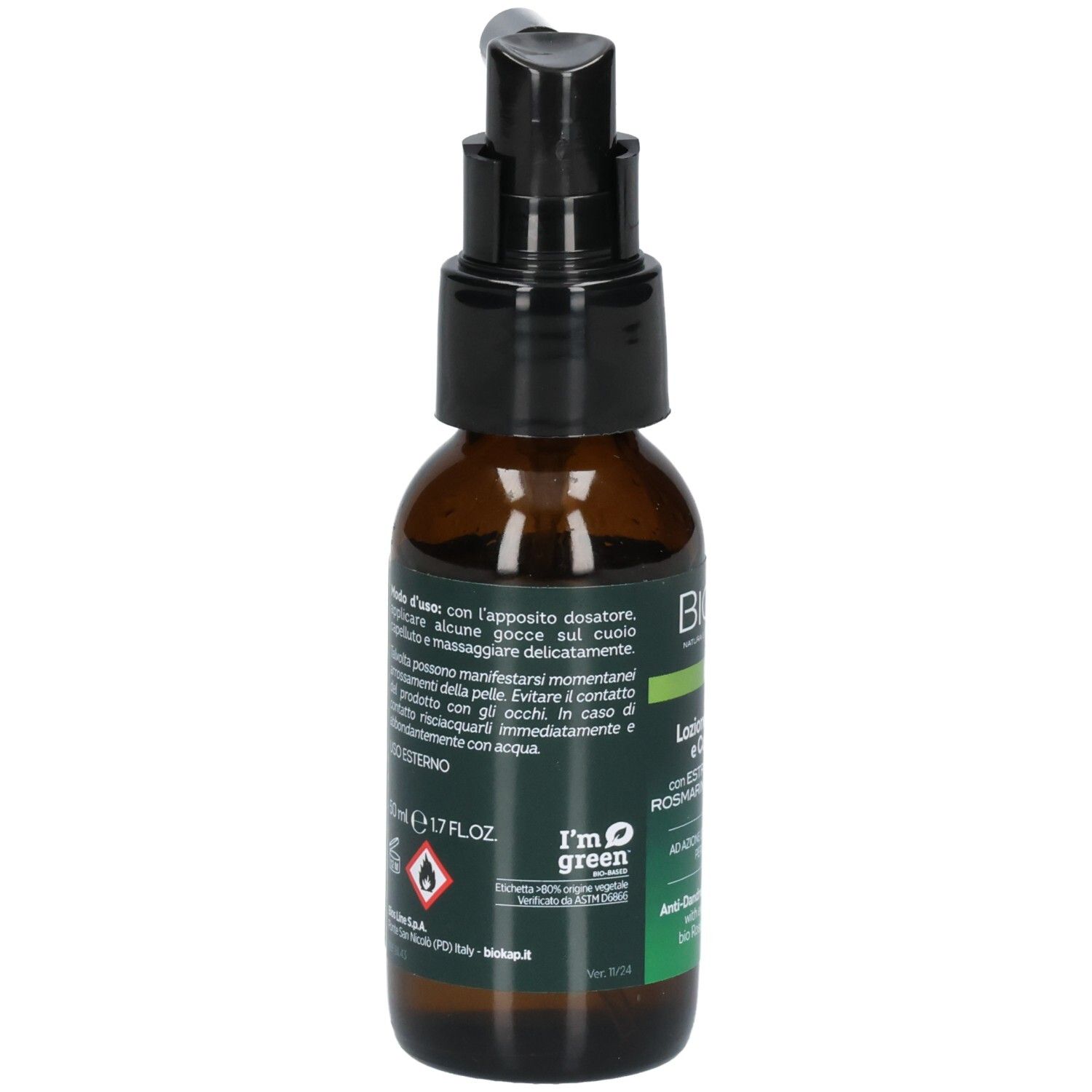 Braune Flasche mit schwarzem Sprühkopf. Aufschrift: BIOKAP. Etikett mit Text. Rückseite mit Text und Symbolen.