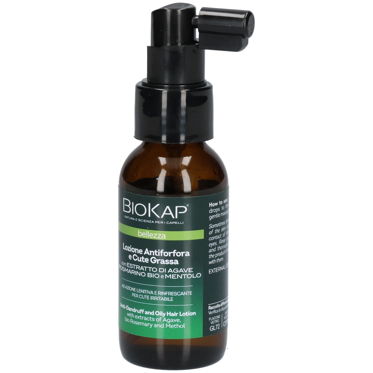 Braune Flasche mit schwarzem Sprühkopf. Aufschrift: BIOKAP, bellezza, Lotion Antiforfora e Cute Grassa. Grün-weiße Etiketten.