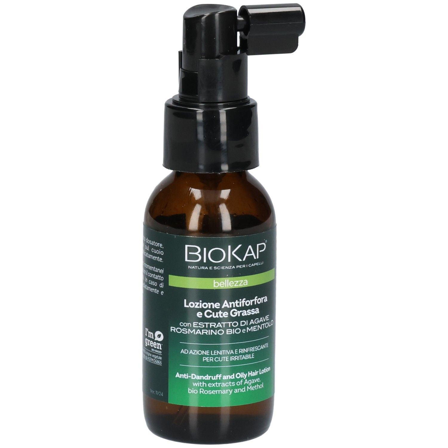 Braune Flasche mit schwarzem Sprühkopf. Aufschrift: BIOKAP, bellezza, Lotion Antiforfora e Cute Grassa. Grün-weiße Etiketten.
