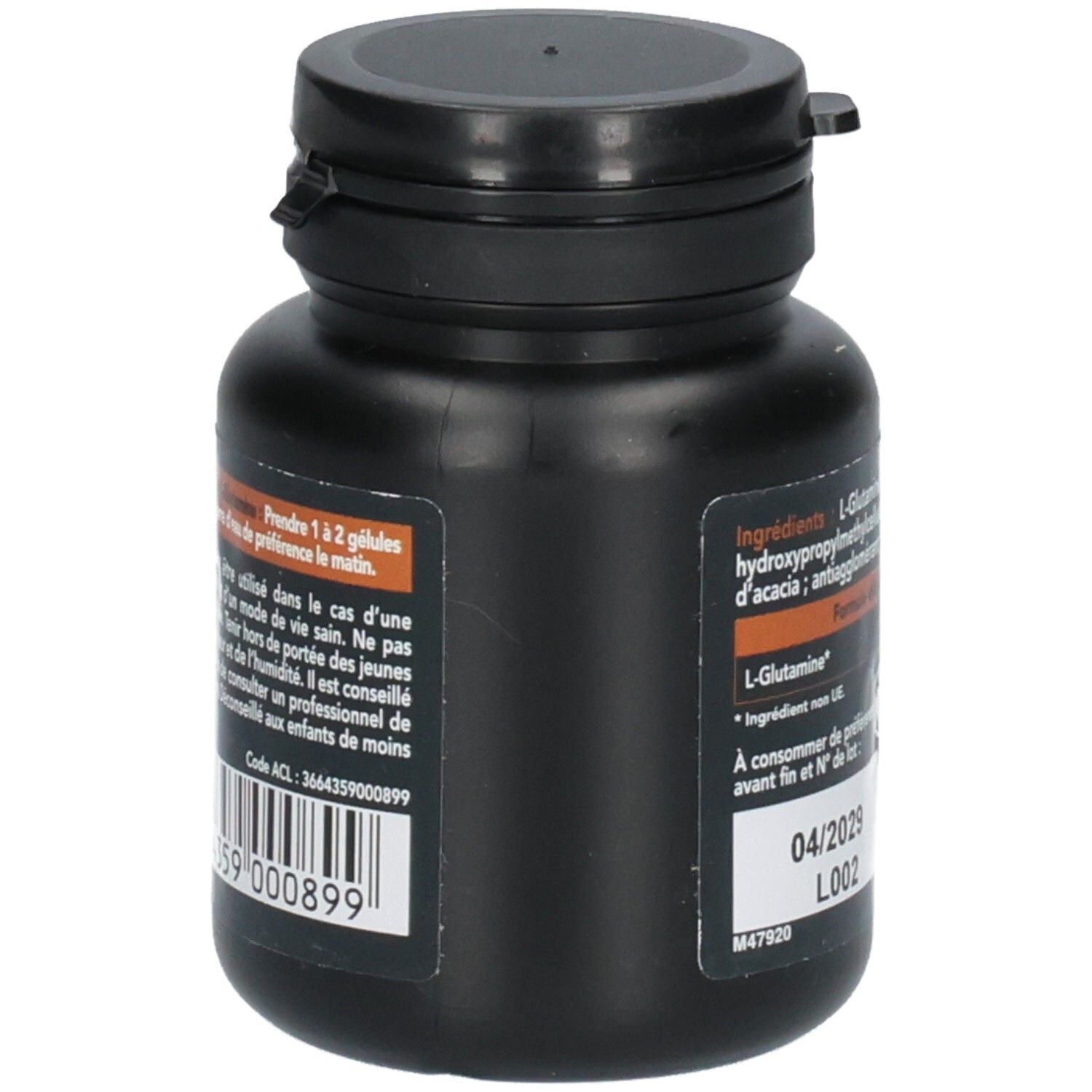 Seite eines L-Glutamin Behälters mit Barcode und Produktinformationen.